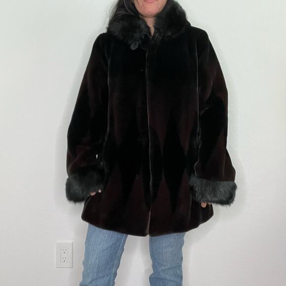 Nuage Dark Brown Black Faux Fur Hooded Coat w/ Trim Diamond Pattern Y2K - Picture 6 of 16
